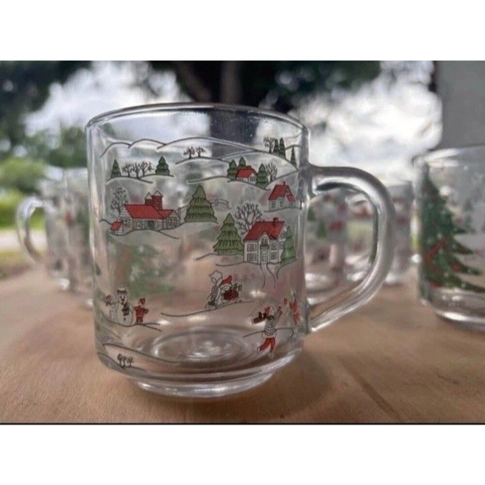 Vintage Kig Indonesia Set Of 7 Christmas Holiday Coffee Cups Mugs Winter Scene